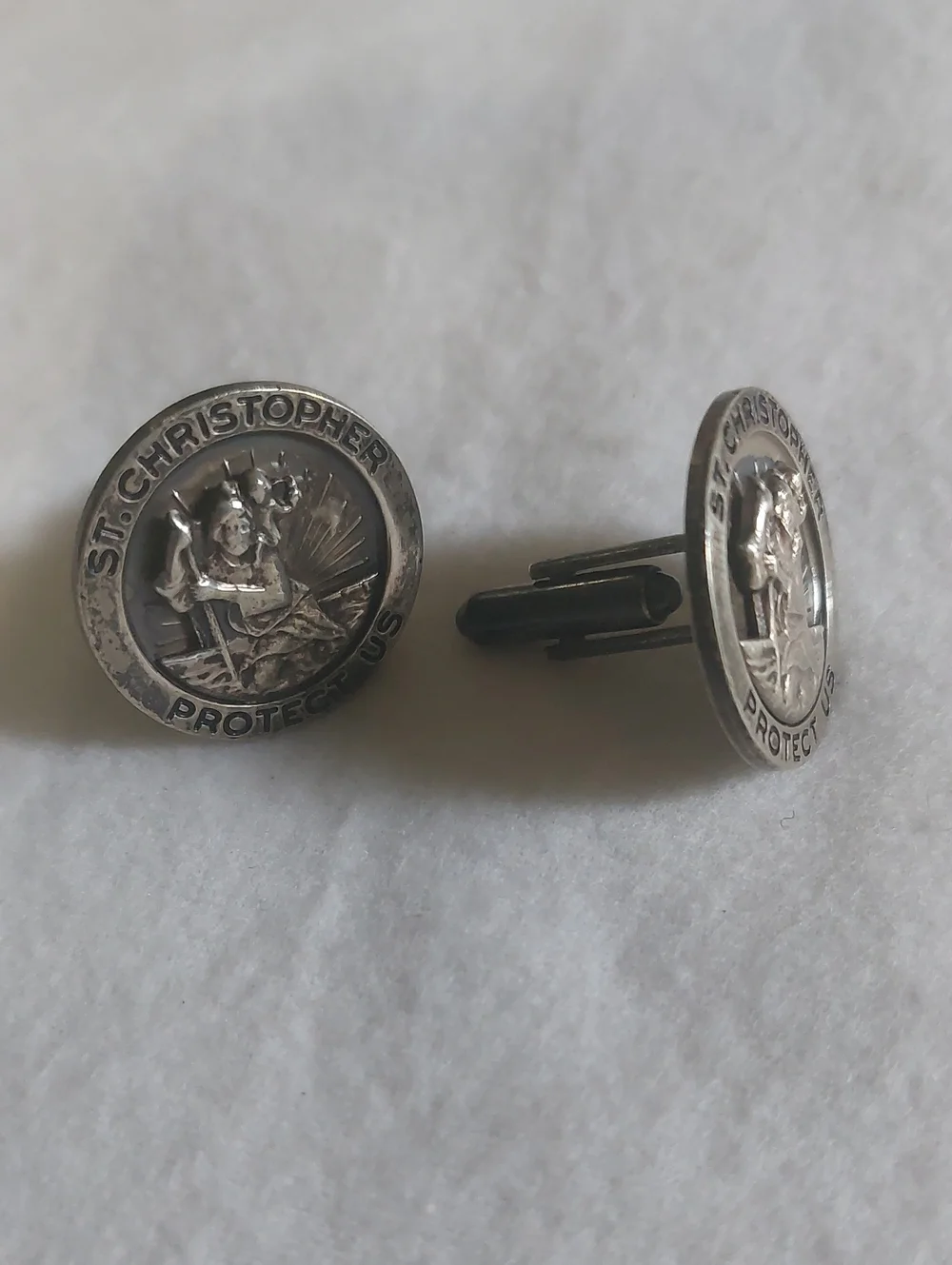 Vintage Sterling Silver St. Christopher Protect Us Cufflinks 1